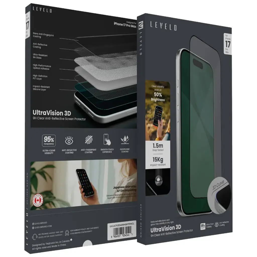 Levelo UltraVision 3D AR 9H Screen Protector for iPhone 17 Pro Max - Clear گلس شفاف لِولو آیفون 17 promax مدل ArmorX 3D 9H - Image 1