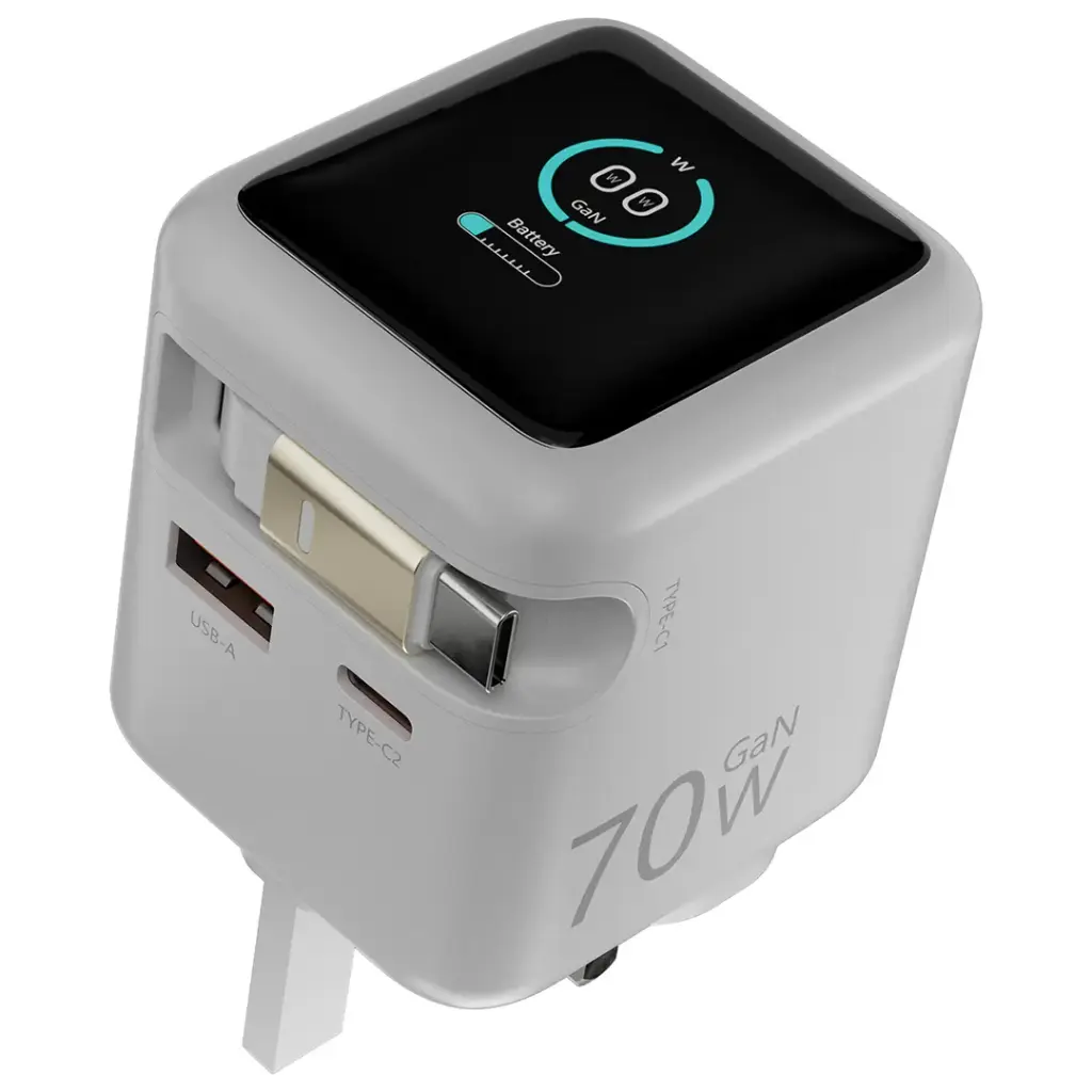 Powerology Halo Dual-Port GaN Charger - WH5 شارژر دیواری 70 وات پاورولوژی با کابل جمع شونده مدل PWCUQC051