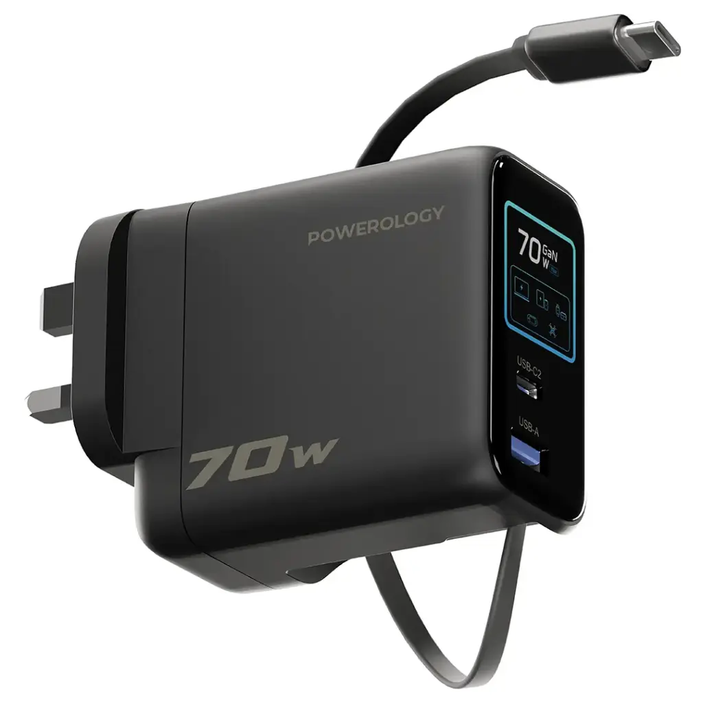 Powerology 70W TFT Adapter with Retractable Type-C Cable - Black5 شارژر دیواری پاورولوژی 70W مدل TFT Adapter PWCUQC70WBK - Image 1