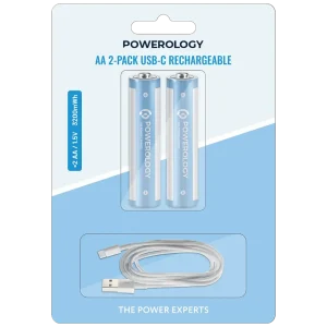 باتری قلمی قابل شارژ Powerology AA USB-C PWAA322 | پک 2 عددی 3200mWh
