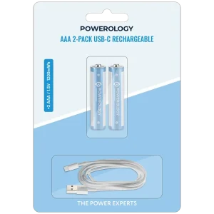 باتری نیم قلمی AAA قابل شارژ Powerology USB-C PWAAA122 | پک 2 عددی 1200mWh