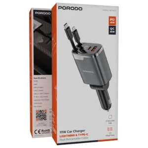 شارژر فندکی 111 وات پورودو با کابل‌های جمع‌شونده Lightning و Type-C مدل PDC46PGY